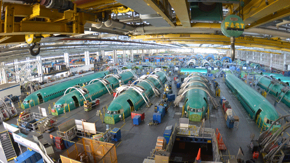 Boeing 737 construction at Spirit AeroSystems assembly line in Wichita
