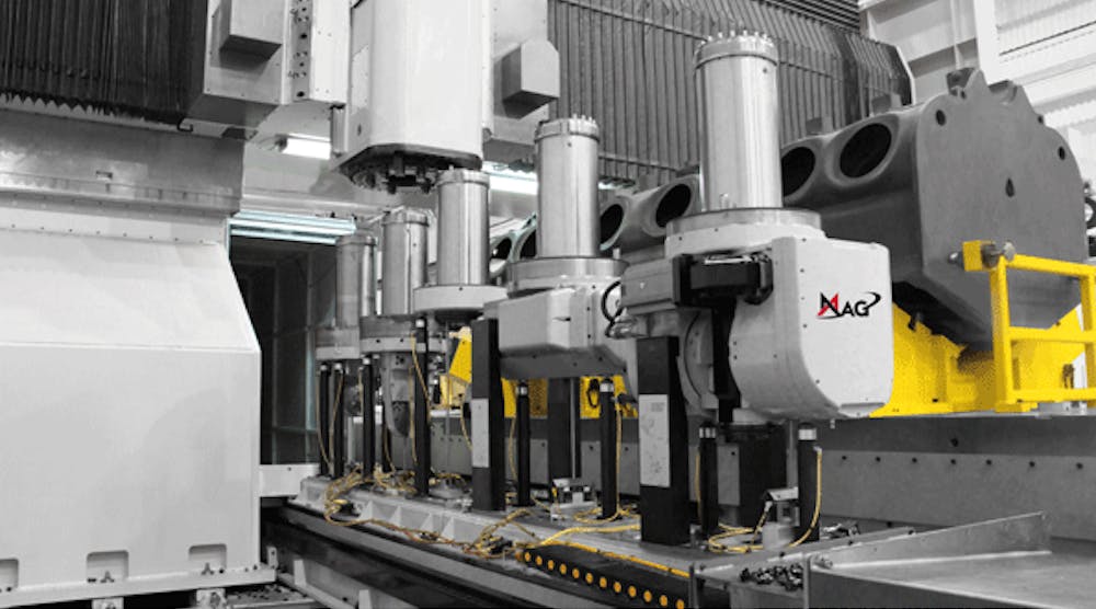 The MAG U6 bridge mill is engineered for heavy-duty machining of large precision parts, such as this 13,000-lb, 16-cylinder diesel engine block. The machine&rsquo;s solid construction makes it well suited for heavy cuts in steel, titanium, Inconel, or cast iron.
