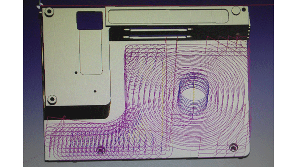 The roughing toolpath for one of Mach One Engineeringrsquos production projects developed with Edgecamrsquos Waveform roughing strategy