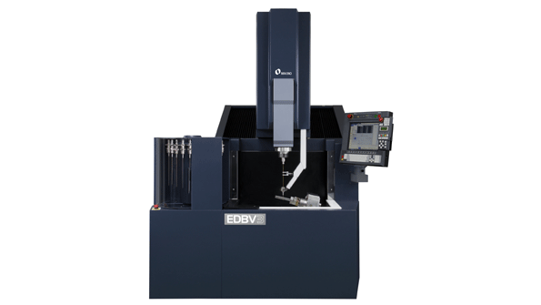 The EDBV3 has a 2axis rotary table and automatic tool and guide change systems for machining complex features fully unattended