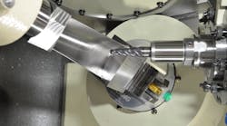 Blade machining on a Mitsui Seiki VERTEX 550-5XB VMC at its Turbine Technology Center in Franklin Lakes, N.J.