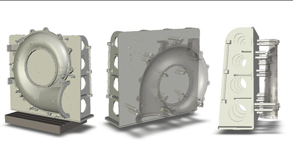 CAD models depict different views the slurry pump housing on the dedicated fixture designed engineered and built for Weir Minerals North America by Advanced Machine amp Engineering Co