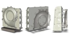 CAD models depict different views the slurry pump housing on the dedicated fixture, designed, engineered and built for Weir Minerals North America by Advanced Machine &amp; Engineering Co.