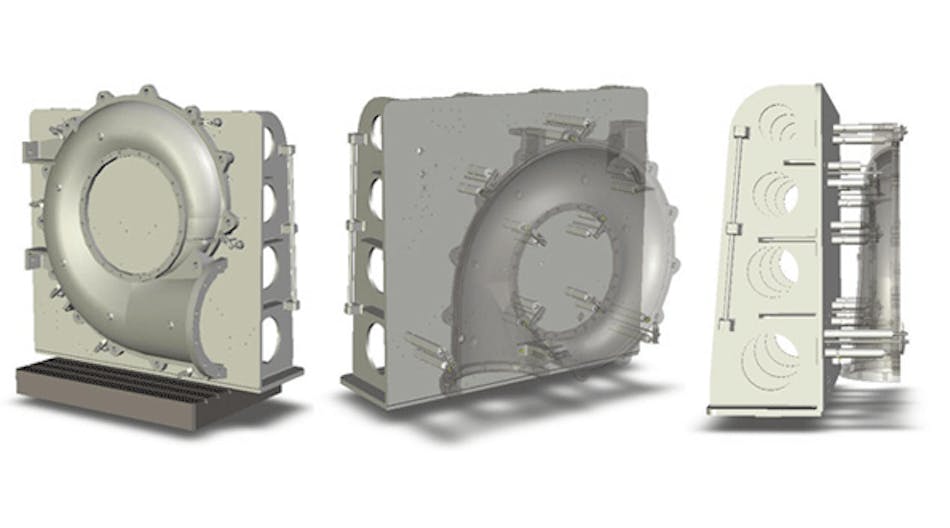 CAD models depict different views the slurry pump housing on the dedicated fixture, designed, engineered and built for Weir Minerals North America by Advanced Machine &amp; Engineering Co.