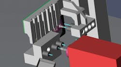 CNC Software Inc. noted that its Mastercam Swiss Expert program &ldquo;supports an unlimited number of axes and channels,&rdquo; and presents realistic simulations of an entire machine and its tools.