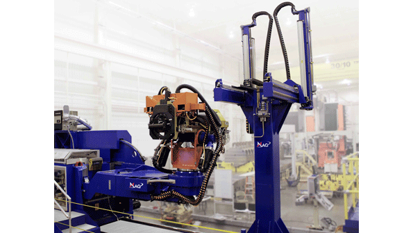 The CCR changing system automatically exchanges one endeffector for a second that processes the same width material using a docking stand outside the work zone