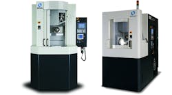 The N2 platform machines have a 26-sq.ft. footprint, but the four-axis N2 (left) has a 400-mm high, 400-mm-diameter cylindrical work envelope; while the N2-5XA (right) holds 300-mm cylindrical workpieces up to 270-mm high.