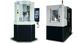 The N2 platform machines have a 26-sq.ft. footprint, but the four-axis N2 (left) has a 400-mm high, 400-mm-diameter cylindrical work envelope; while the N2-5XA (right) holds 300-mm cylindrical workpieces up to 270-mm high.