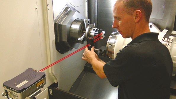 The tripodmounted laser is aligned with an angular interferometer from the machine spindle housing and an integrated angular reflector The true angular position of the axis is calculated through a combination of the rotational position recorded by the XR2039s internal encoder and measurements from the laser and the angular optic mounted on the XR20W Driving the rotary axis to a series of points produces data used to determine a machine39s overall axis accuracy Completed data can be saved for later analysis