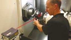 The tripodmounted laser is aligned with an angular interferometer from the machine spindle housing and an integrated angular reflector The true angular position of the axis is calculated through a combination of the rotational position recorded by the XR2039s internal encoder and measurements from the laser and the angular optic mounted on the XR20W Driving the rotary axis to a series of points produces data used to determine a machine39s overall axis accuracy Completed data can be saved for later analysis The tripodmounted laser is aligned with an angular interferometer from the machine spindle housing and an integrated angular reflector The true angular position of the axis is calculated through a combination of the rotational position recorded by the XR2039s internal encoder and measurements from the laser and the angular optic mounted on the XR20W Driving the rotary axis to a series of points produces data used to determine a machine39s overall axis accuracy Completed data can be saved for later analysis