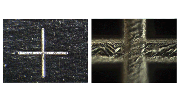A fiberlaser marker machined a 25micron thick metal foil to a depth of 13 microns The channel width was 75 microns mdash and the depth variation was less than the width of a human hair