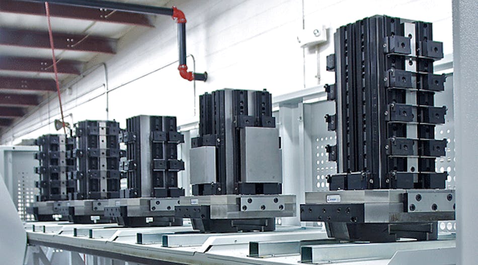 AME developed workholding tombstone devices capable of running 56 different block sizes from a 10-station pallet changer for TRD Manufacturing in Machesney Park, Illinois. It is able to produce over 450 different parts, in sequences ranging from one-off to 500 pieces.