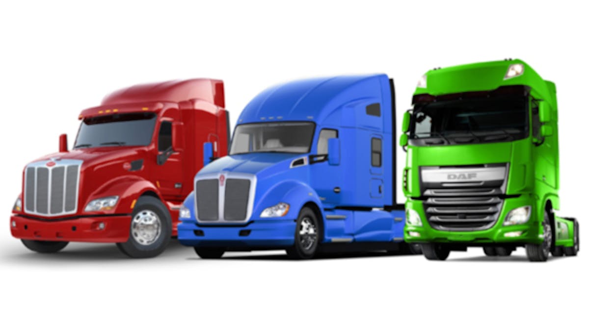 Paccar designs and builds light-, medium- and heavy-duty trucks under the Peterbilt (left), Kenworth (center), and DAF (right) nameplates. It also designs and manufactures diesel engines and distributes truck parts.