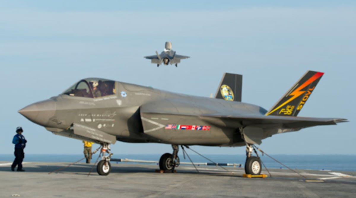 The F-35B &ldquo;short takeoff and vertical landing&rdquo; (STOVL) variant of the Joint Strike Fighter jet, during takeoff from the deck of the USS Wasp during a recent developmental test.