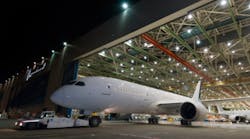 At Everett, Wash., Boeing Commercial Airplanes rolled out a 787-8, the first Boeing Dreamliner completed at the new rate of 10 airplanes/month. The buyer of this jet is International Lease Finance Corp., and it will be operated by Aeromexico.