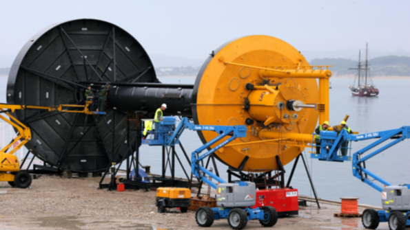 The OPT PowerBuoy system mdash shown here during installation for a Spanish project mdash uses a proprietary buoy device to convert wave energy on the surface of the ocean into electricity at maximum efficiency The system planned for the south coast of Australia is projected to generate 625 MW of electricity enough to supply 10000 homes