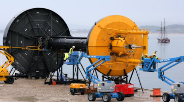 The OPT PowerBuoy system &mdash; shown here during installation for a Spanish project &mdash; uses a proprietary buoy device to convert wave energy on the surface of the ocean into electricity at maximum efficiency. The system planned for the south coast of Australia is projected to generate 62.5 MW of electricity, enough to supply 10,000 homes.