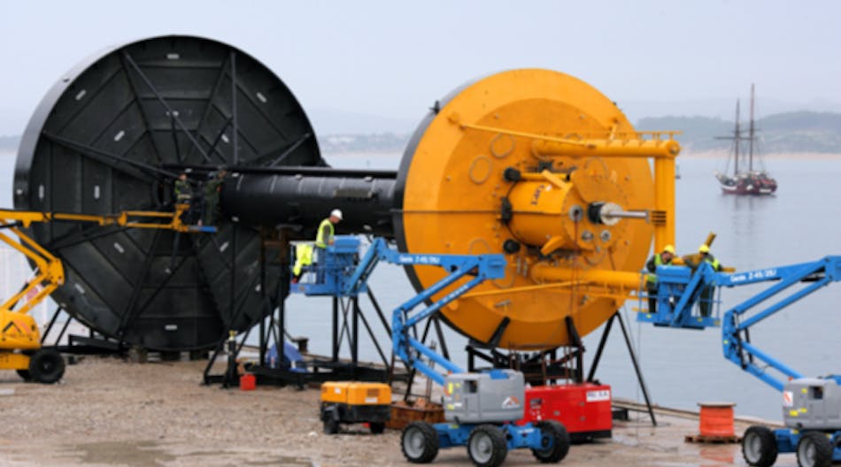 The OPT PowerBuoy system &mdash; shown here during installation for a Spanish project &mdash; uses a proprietary buoy device to convert wave energy on the surface of the ocean into electricity at maximum efficiency. The system planned for the south coast of Australia is projected to generate 62.5 MW of electricity, enough to supply 10,000 homes.