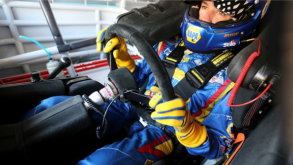 The Woodward Machine Corp steering assembly is visible in this incar view of Martin Truex Jr at the wheel of the Napa Auto Parts Toyota
