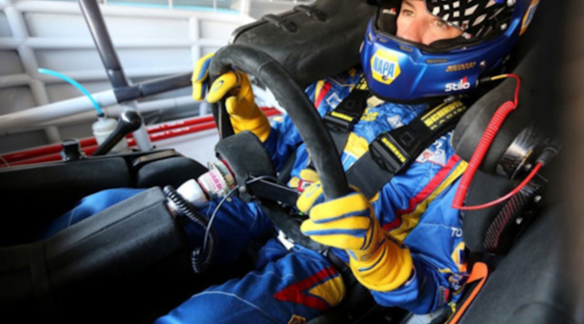 The Woodward Machine Corp. steering assembly is visible in this in-car view of Martin Truex Jr., at the wheel of the Napa Auto Parts Toyota.