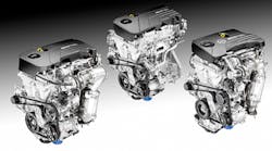General Motors&rsquo; new Ecotec small engine portfolio will include 11 engines, including three- and four-cylinder variants ranging from 1.0 L to 1.5 L displacements, including turbocharged versions, and power ratings from 75 to 165 hp. Shown are the Ecotec 1.4-L turbocharged engine (left), the Ecotec 1.5-L engine (center), and the Ecotec 1.0-L turbocharged three-cylinder engine (right).