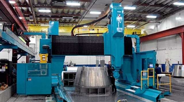 An aft cowl skin structure for a Boeing 777, in process on one of several five-axis vertical machining centers with fully nutating heads, at ADI&rsquo;s plant in Valencia, Calif.