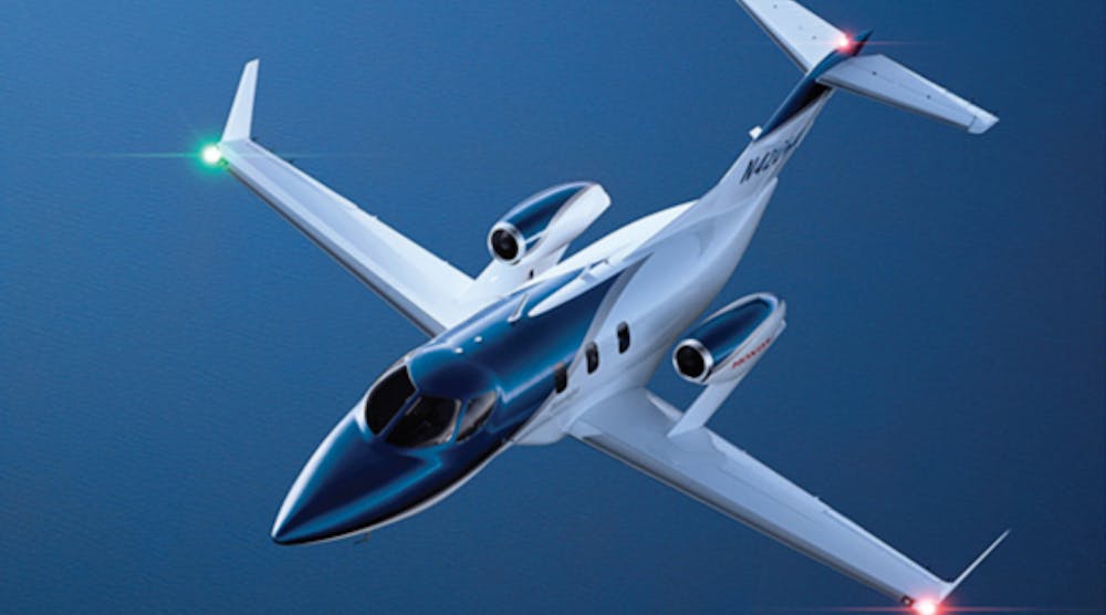 The HondaJet design includes a patented Over-The-Wing Engine Mount configuration, a natural laminar flow wing, and composite fuselage. The light aircraft flies at a maximum cruise speed of 420 knots (483 mph) and a maximum altitude of 43,000 feet. It seats up to five passengers in a standard configuration, and has a flight range of 1,180 nautical miles (1,357 miles.)