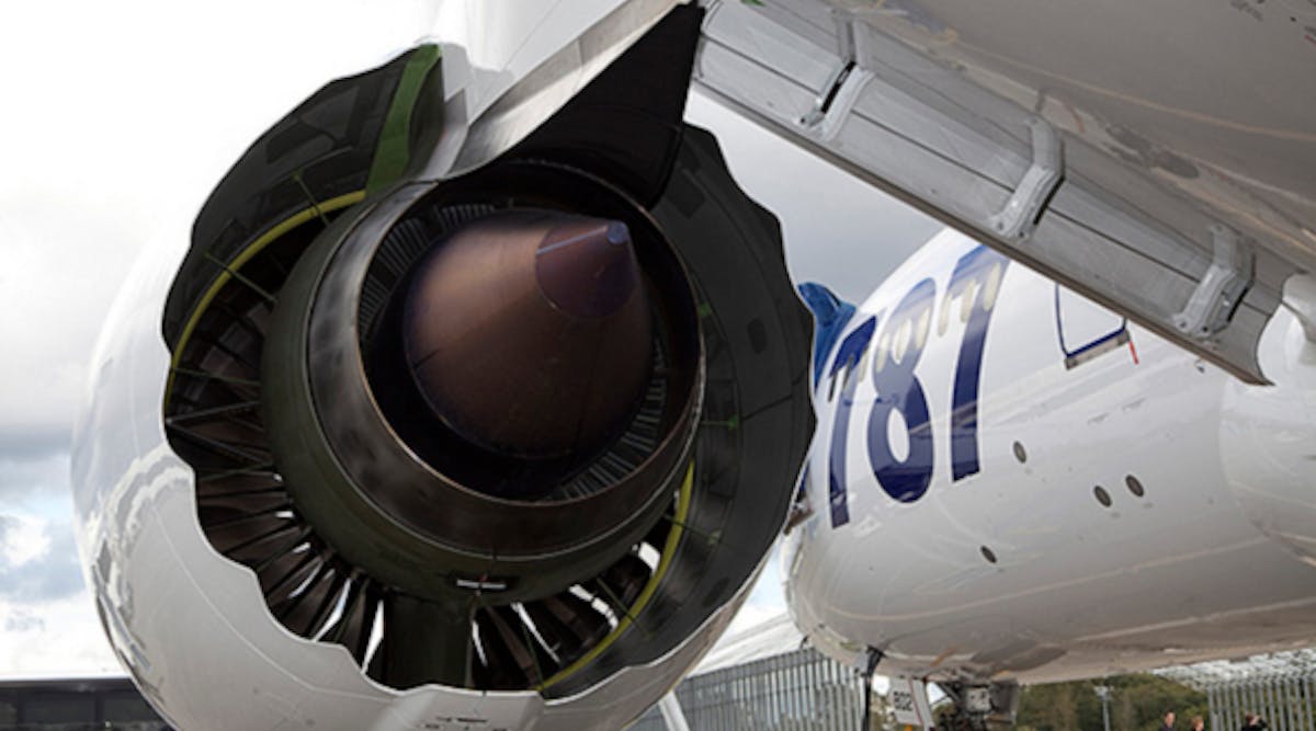 The scalloped nacelles (external engine housings) are intended to reduce engine noise for the Boeing 787 Dreamliner.