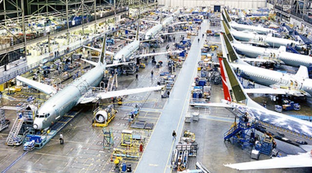 Two Boeing 737 assembly lines at Renton, Wash. Alcoa will have a role in every production platform in Boeing&rsquo;s commercial, military, and defense programs as a consequence of the new supply agreement