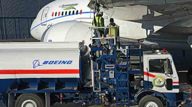 Boeing powered its ecoDemonstrator 787 flight test airplane with a blend of 15% &ldquo;green diesel&rdquo; and 85% petroleum jet fuel in the left engine.