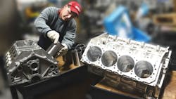 Dart Machinery technician Bob Dimitrijevich installs Darton iron sleeves in cast aluminum block as a billet aluminum racing block awaits installation Aluminum block bores are honed for size and geometry before liner installation Dart Machinery technician Bob Dimitrijevich installs Darton iron sleeves in cast aluminum block as a billet aluminum racing block awaits installation Aluminum block bores are honed for size and geometry before liner installation