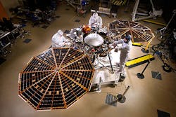 Lockheed Martin engineers and technicians are seen testing the deployment of the InSight landerrsquos solar arrays This configuration is how the spacecraft will look on the surface of Mars Lockheed Martin engineers and technicians are seen testing the deployment of the InSight landerrsquos solar arrays This configuration is how the spacecraft will look on the surface of Mars