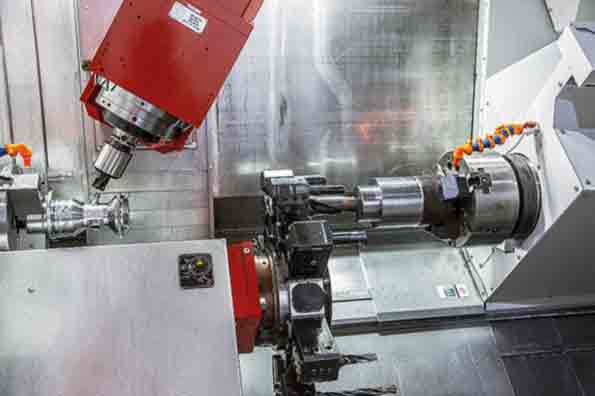 The Hyperturn 65 Powermill has a 1300mm spindle clearance a counter spindle that also achieves fouraxis machining a directdrive Baxis for fiveaxis simultaneous milling and an additional Yaxis for the lower turret