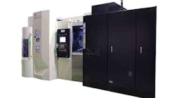 Makino&rsquo;s integral fifth-axis table and work-pallet magazine (right) extends the reliability and performance of its existing a51nx HMC design (left), establishing the opportunity for continuous, unattended high-mix, low-volume or low-mix, high-volume production.