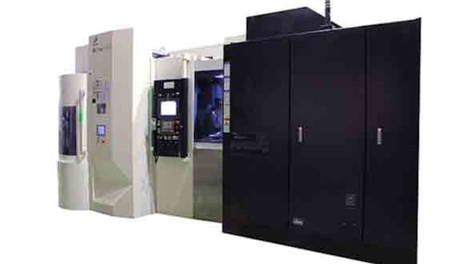 Makino&rsquo;s integral fifth-axis table and work-pallet magazine (right) extends the reliability and performance of its existing a51nx HMC design (left), establishing the opportunity for continuous, unattended high-mix, low-volume or low-mix, high-volume production.
