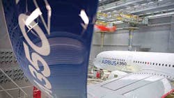 The Airbus A350 is designed with carbonfiber composite wings that have a 213ft span and wing tips that curve upward over the last 14 ft to increase cruising speed and maximum speed The Airbus A350 is designed with carbonfiber composite wings that have a 213ft span and wing tips that curve upward over the last 14 ft to increase cruising speed and maximum speed