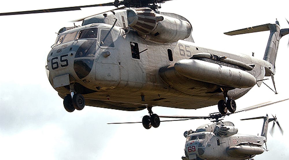 The H-53 series aircraft built by Sikorsky includes the CH-53 Sea Stallion (shown here), a two-engine heavy-lift helicopter; the Sikorsky MH-53 Pave Low and Sikorsky HH-53 Super Jolly Green Giant, upgraded helicopters with more powerful engines, improved avionics and armament used for combat search and rescue and special operations; the Sikorsky CH-53E Super Stallion and Sikorsky MH-53E Sea Dragon, a heavier version of the CH-53 Sea Stallion with a third engine and a seventh blade added to the main rotor, and a tail rotor canted 20 degrees. It&rsquo;s used for long range mine sweeping or airborne mine countermeasures. The final installment of the series will be the Sikorsky CH-53K Super Stallion, currently in development, with composite rotor blades, a wider cabin, and modernized systems.