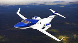 The HondaJet light aircraft seats up to five passengers in a standard configuration, and has a flight range of 1,180 nautical miles (1,357 miles.)