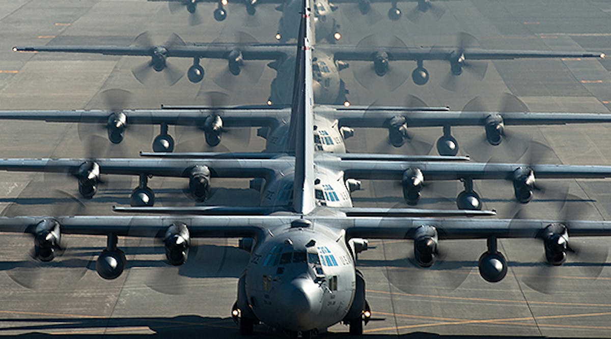 The C-130 Hercules is a Lockheed-designed and built, four-engine aircraft powered by Rolls-Royce AE 2100 turboprop engines, used as a troop, medivac, and cargo transport aircraft.