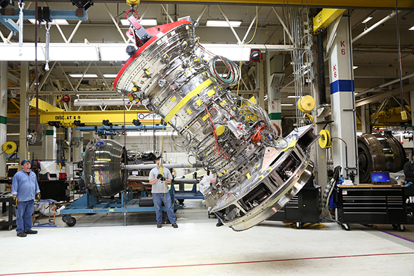 The first fully assembled GE9X engine is rotated into the horizontal assembly position at the Evendale Ohio development assembly area