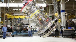 The first fully assembled GE9X engine is rotated into the horizontal assembly position at the Evendale Ohio development assembly area The first fully assembled GE9X engine is rotated into the horizontal assembly position at the Evendale Ohio development assembly area