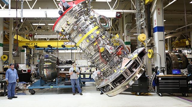 The first fully assembled GE9X engine is rotated into the horizontal assembly position at the Evendale, Ohio development assembly area.