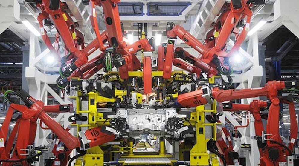 A Fiat 500 under assembly at the automaker&rsquo;s plant in Pomigliano, Italy, where more than 600 Comau SpA robots help achieve a high degree of modularity and simplify maintenance.