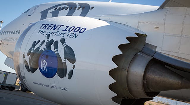 The new Trent 1000 TEN engine &mdash; styled with a &ldquo;Perfect TEN&rdquo; bowling graphic on the nacelle &mdash; flew on Rolls-Royce&rsquo;s modified Boeing 747 Flying Test Bed at Tucson, Ariz.