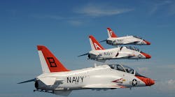 The T-45 Goshawk, developed by McDonnell Douglas and manufactured now by Boeing Defense, is a modified two-seat aircraft powered by Rolls-Royce F405 (Adour) engines.