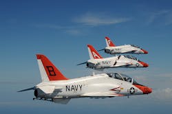 The T45 Goshawk developed by McDonnell Douglas and manufactured now by Boeing Defense is a modified twoseat aircraft powered by RollsRoyce F405 Adour engines The T45 Goshawk developed by McDonnell Douglas and manufactured now by Boeing Defense is a modified twoseat aircraft powered by RollsRoyce F405 Adour engines