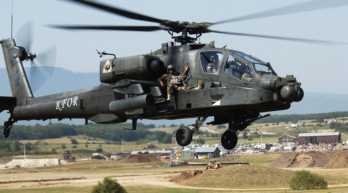 The AH-64 Apache is an attack helicopter fixed with twin-turboshaft engines, multiple weapons options, and sophisticated targeting capabilities.