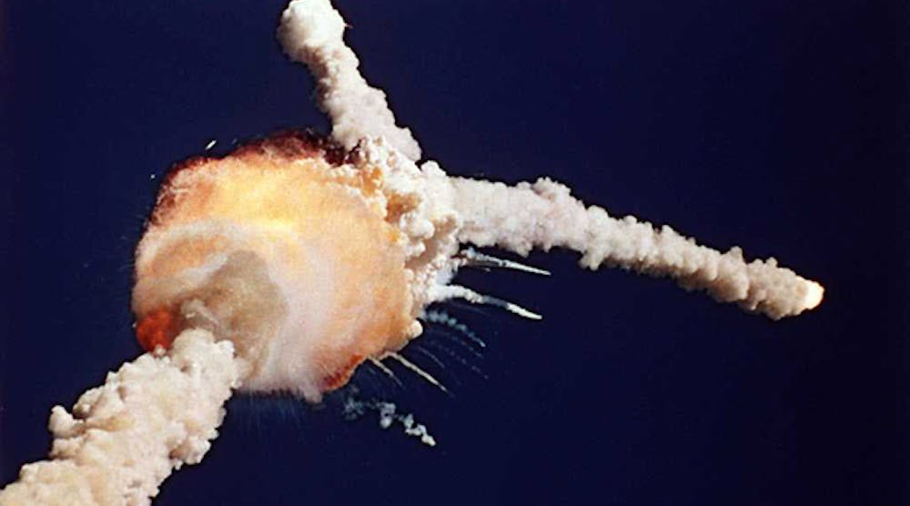 The NASA Space Shuttle Challenger exploded 73 seconds after takeoff on January 28, 1986, killing all seven crewmembers.
