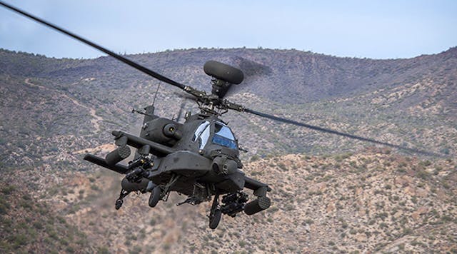 The AH-64 Apache is an attack helicopter with a twin-turbo shaft engine, a tail wheel landing gear arrangement, and a tandem cockpit for a two-man crew. The &ldquo;E&rdquo; variant offers improved digital connectivity and more powerful engines, among other improvements.