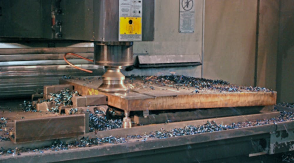A close view of high-feed milling in process. Ingersoll&rsquo;s high-feed Powerfeed Plus tool feeds faster and cuts lighter, to accelerate metal removal and protect Wemco&rsquo;s light-frame CNC machines.